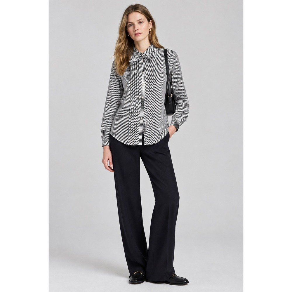 Scotch & Soda Amsterdams Blauw Striped Tie Neck Pleated Shirt Black White S